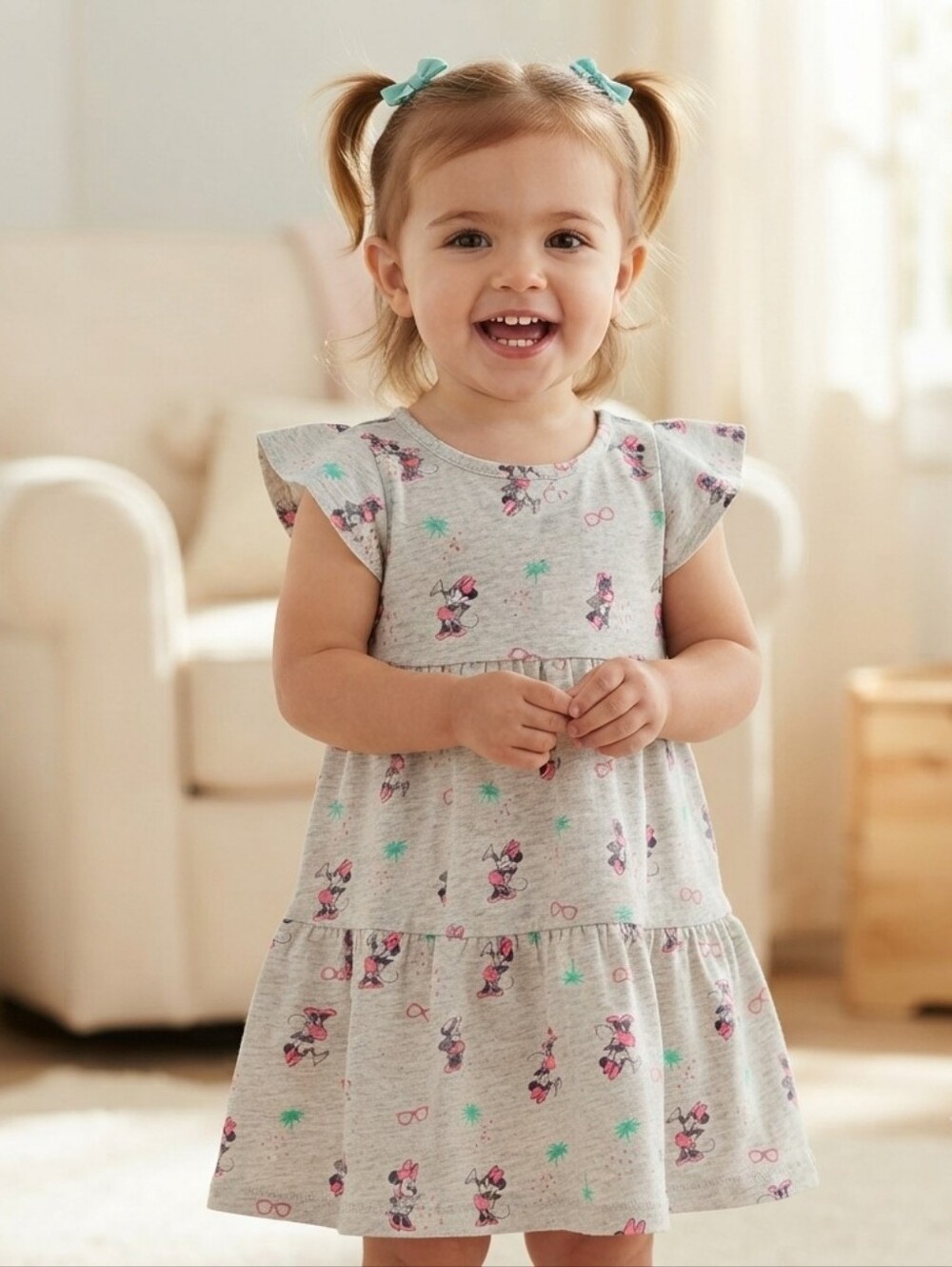 Disney Jumping Beans 18M Girls' Light Gray Minnie Print Tiered Dress - Disney